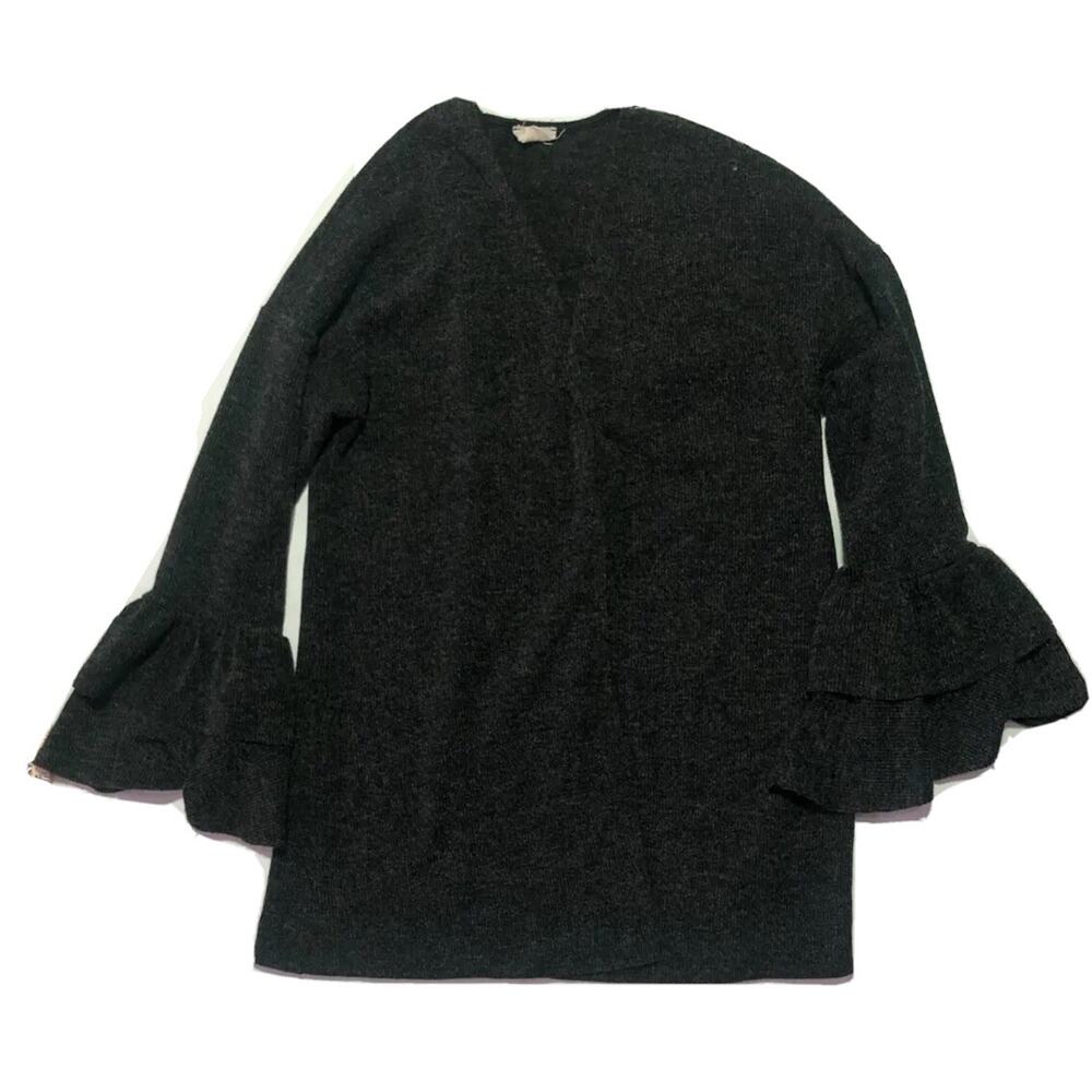 143 Story Dark Gray Boho Knit Cardigan w/ Long Sleeve & Ruffles Size Medium